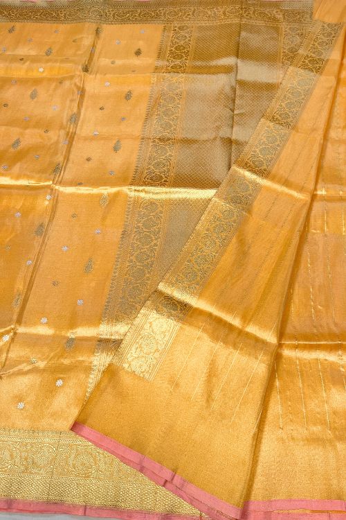 Orange Banarasi Kora Tissue Silk Saree with Pink Selvedge and Golden Zari – Handwoven Pure Silk