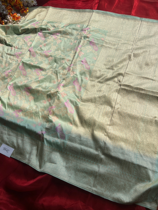Aqua Green Katan Silk Saree with elegant bird and deer full view