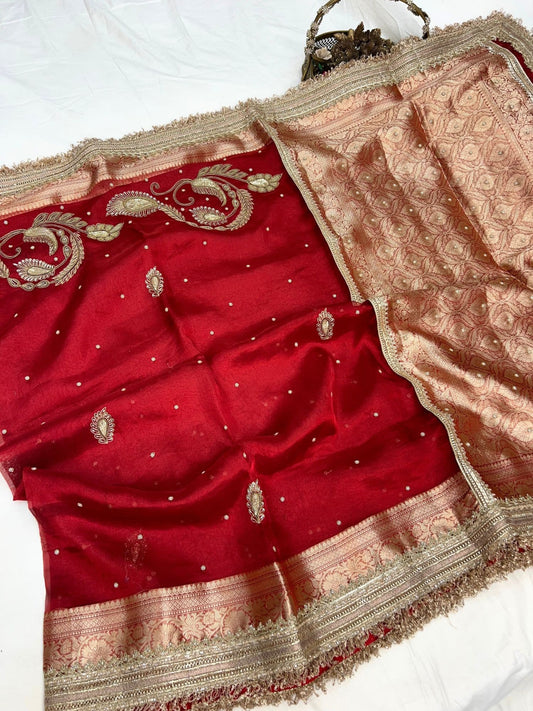 “Royal Red Mor Pankh saree with peacock feather inspired design for weddings and festivals”