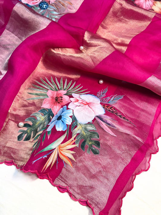 Hot Pink Kora Tissue Silk Saree closeup view 01