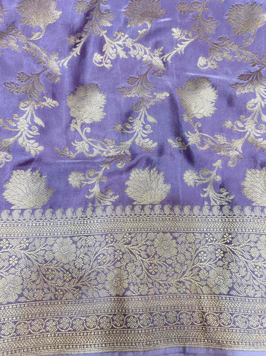 Lavender Katan Silk Saree with floral jaal Closeup view