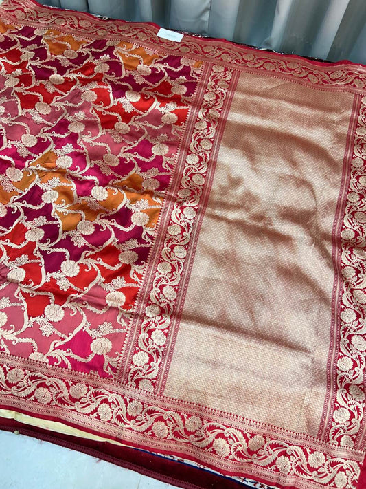 Red Katan Silk saree with floral jaal full view