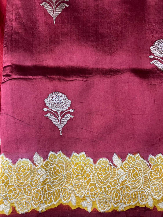 Maroon Katan Silk Saree with Floral Closeup view