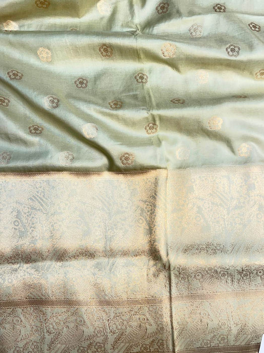 Pista Green Katan Silk Saree with zari buta closeup view