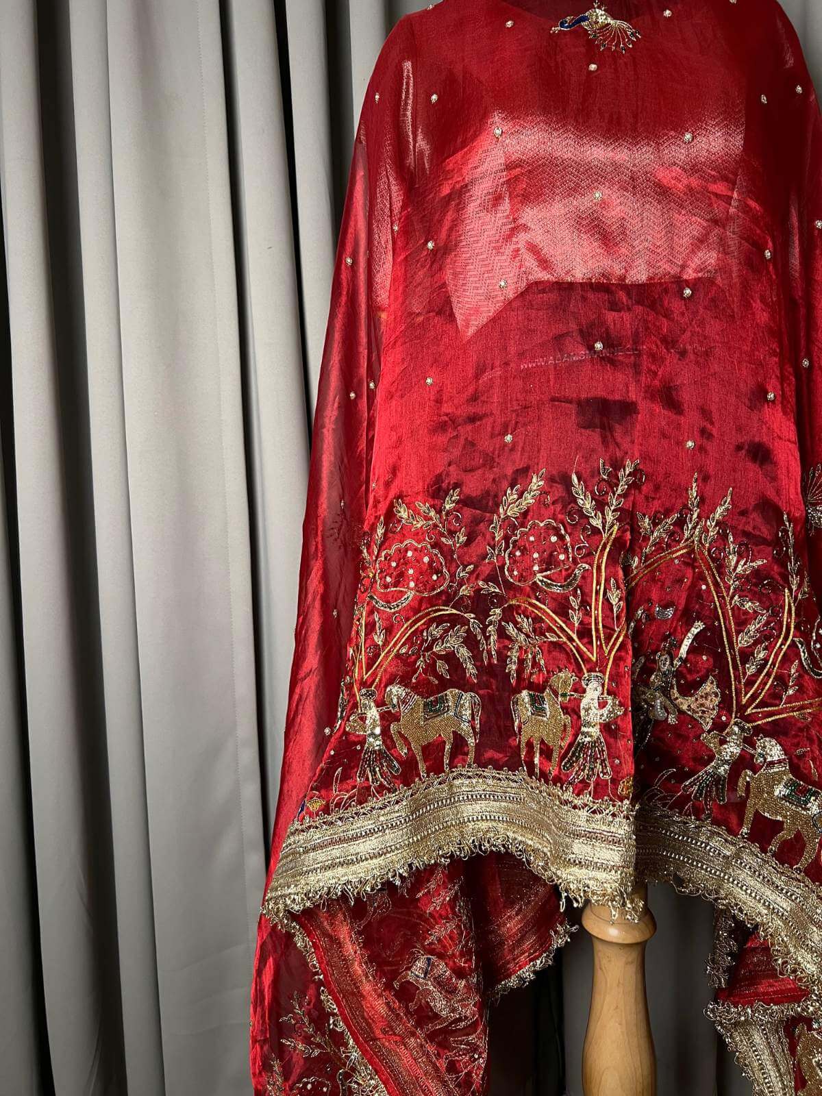 Royal red Radha Krishna Banarasi silk dupatta with divine traditional artwork