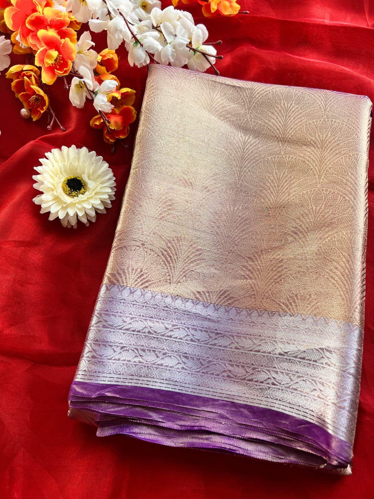 Champagne Gold Brocade Tissue Silk Saree with Zari work front view