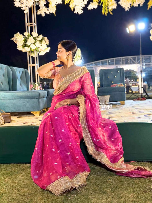 Hot Pink Buti Pure Banarasi Tissue Silk Saree - Manatavy Banaras