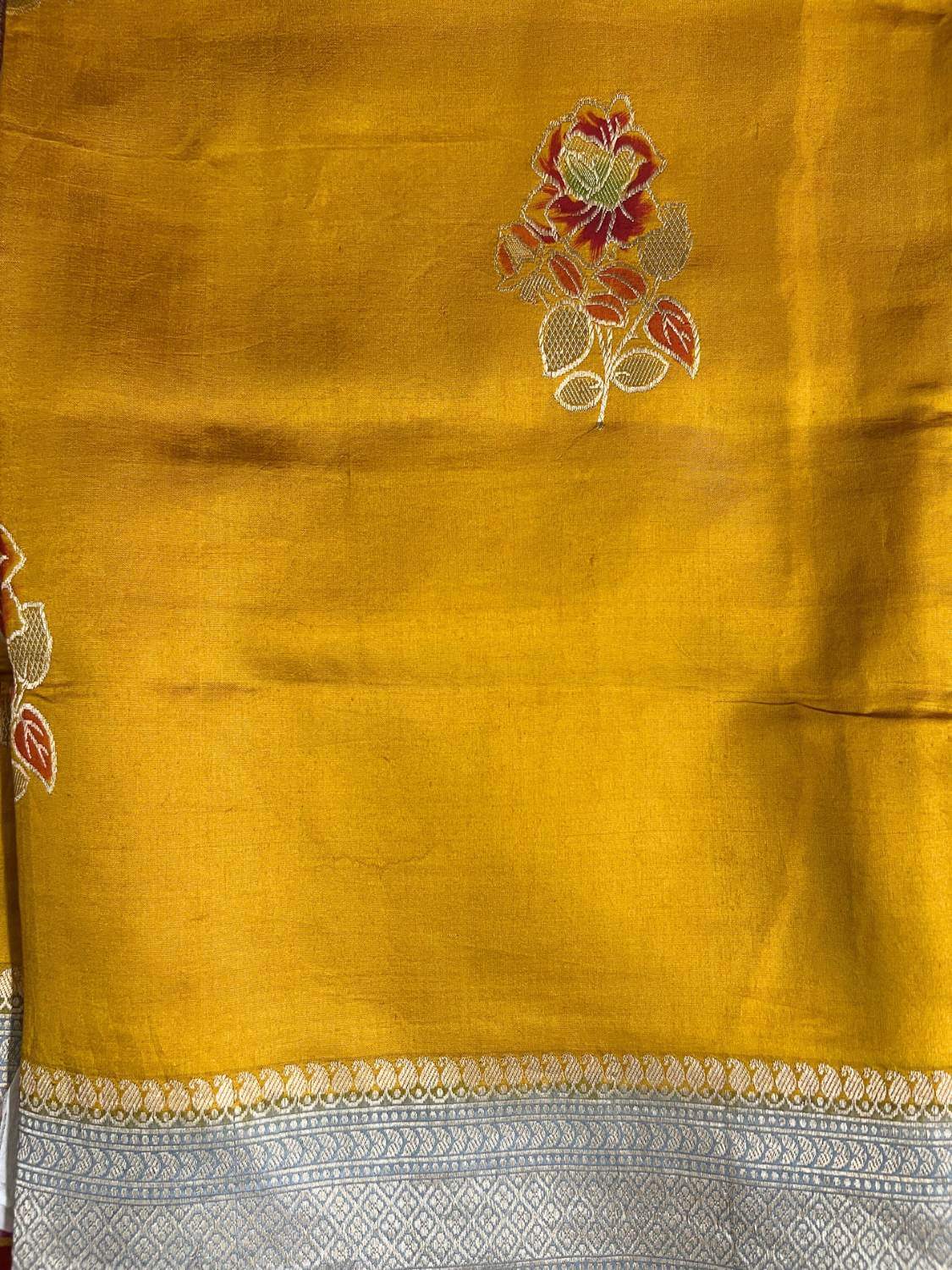 Mustard Yellow Katan Silk Saree with floral Closeup view