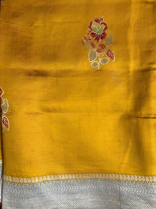 Mustard Yellow Katan Silk Saree with floral Closeup view