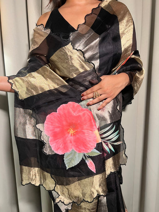 Black Kora Tissue Silk Saree Model View