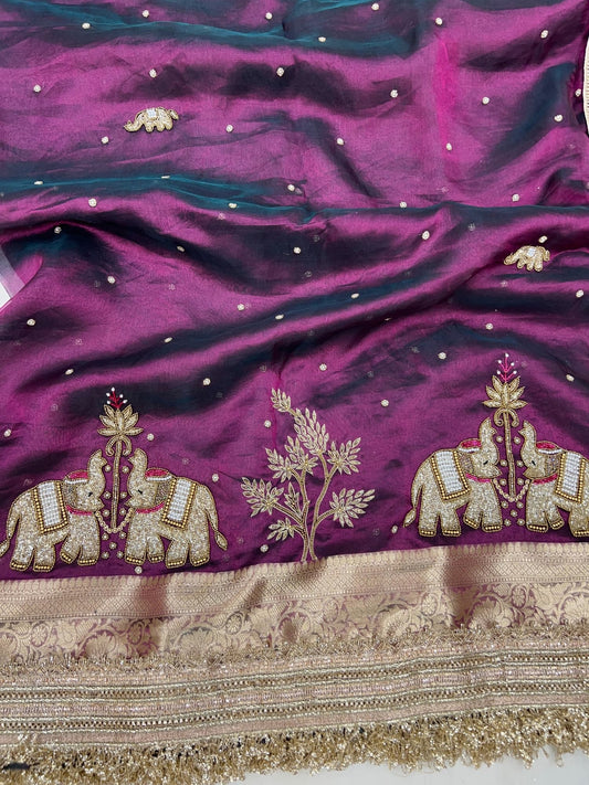 “Wine Gajraaj festive saree with rich embroidery and traditional motifs”
