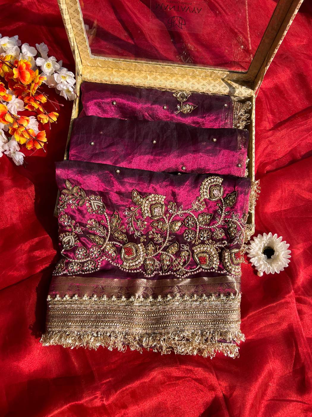 Wine Banarasi Tissue Silk Saree Rani bagh with Hand Embroidered Floral front view