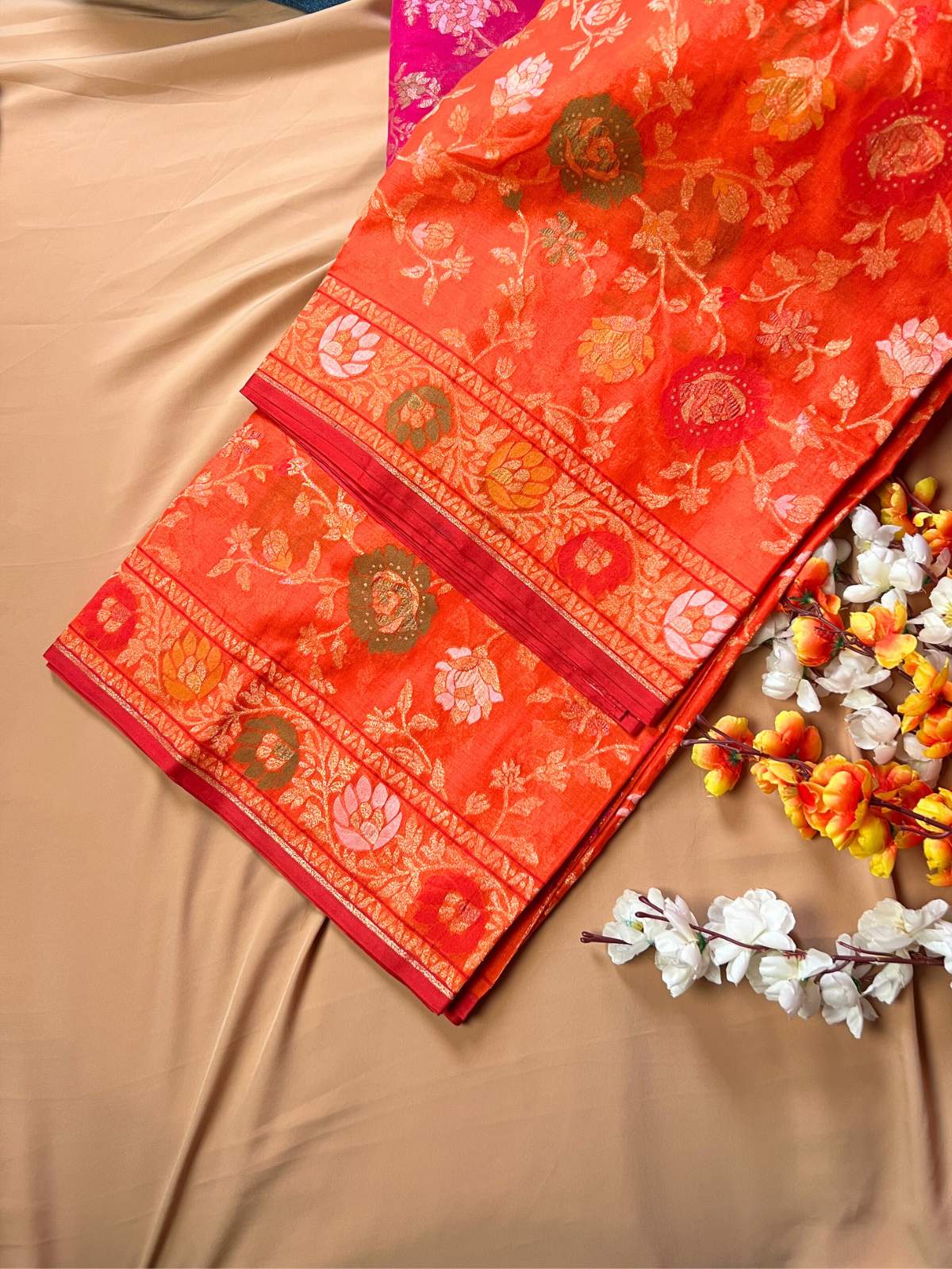 Orange Cotton Jamdani Saree with floral and paisley front view
