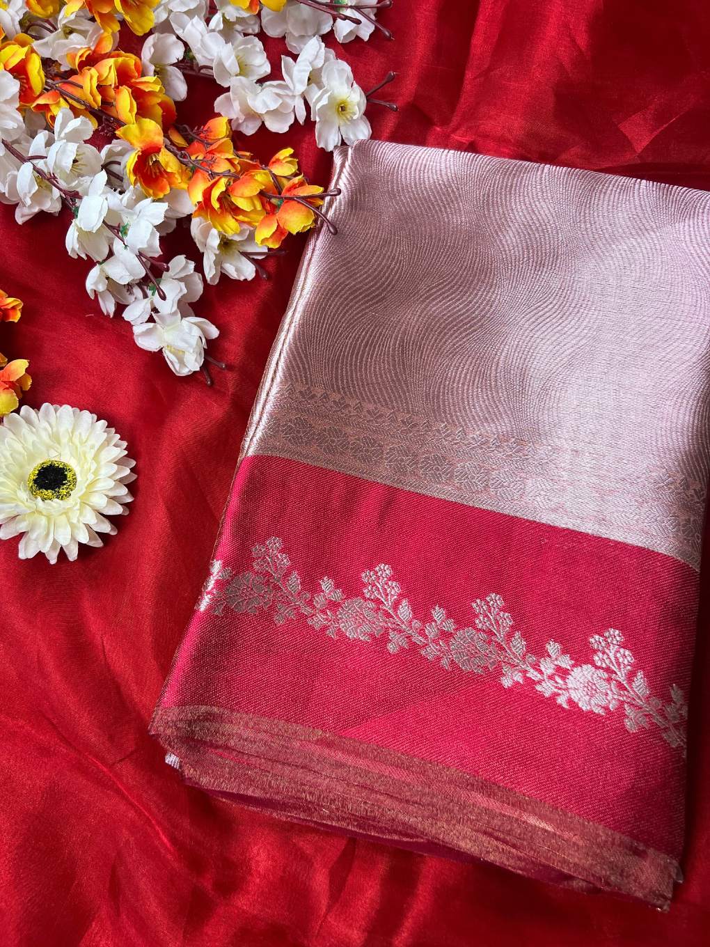 Red Brocade Tissue Silk Saree with Zari work front view