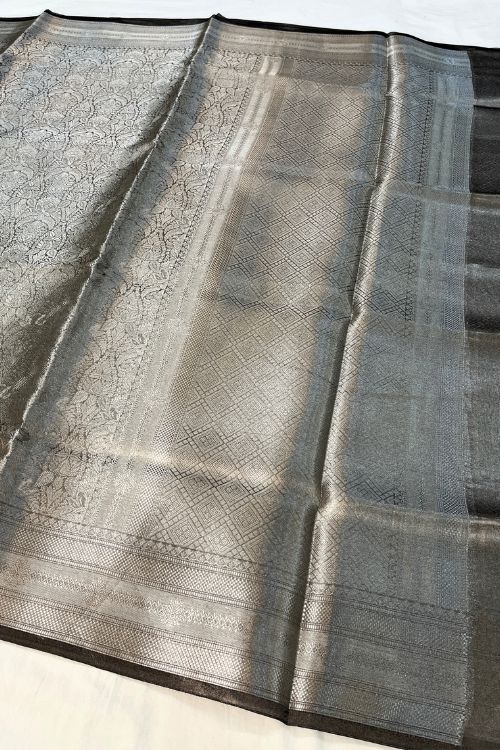 Black Brocade Tissue Silk Saree with intricate silver zari design and unstitched brocade blouse