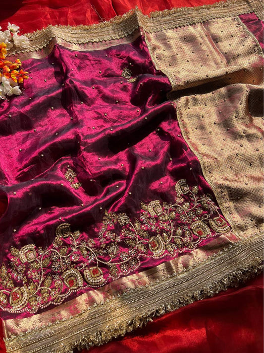 Wine Banarasi Tissue Silk Saree Rani bagh with Hand Embroidered Floral full view
