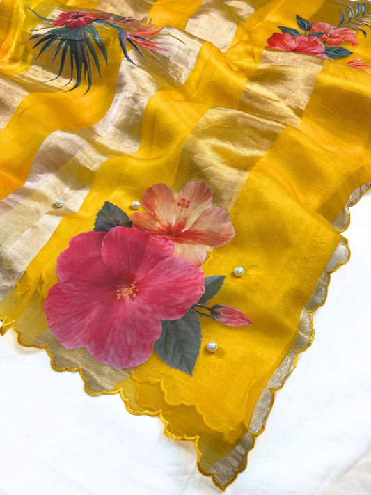 Yellow Kora Tissue Silk Saree closeup view 01