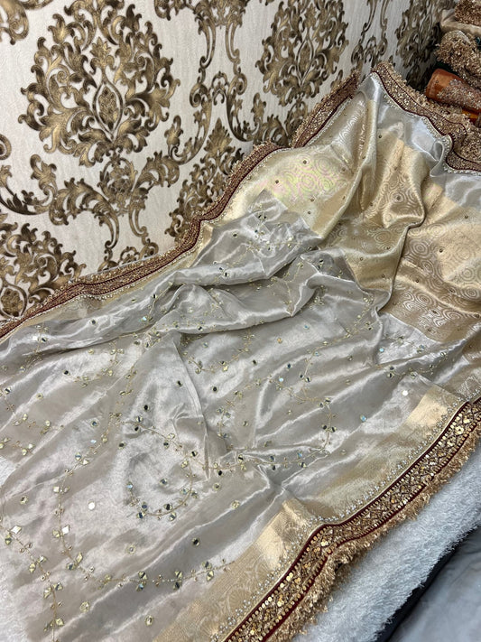 Silver Chandani Hand-Embroidered Tissue Silk Saree