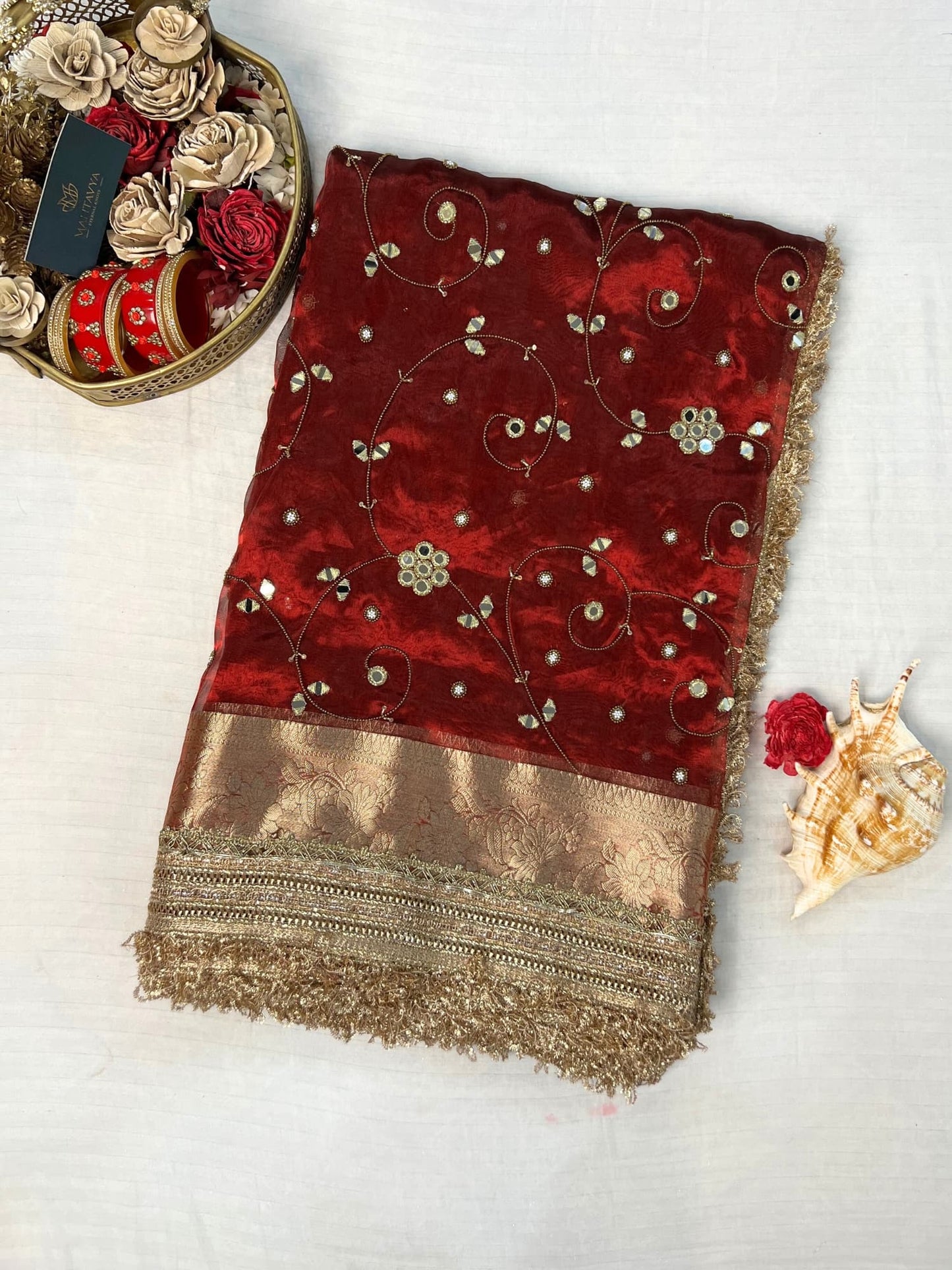 Maroon Chandani Hand-Embroidered Tissue Silk Saree