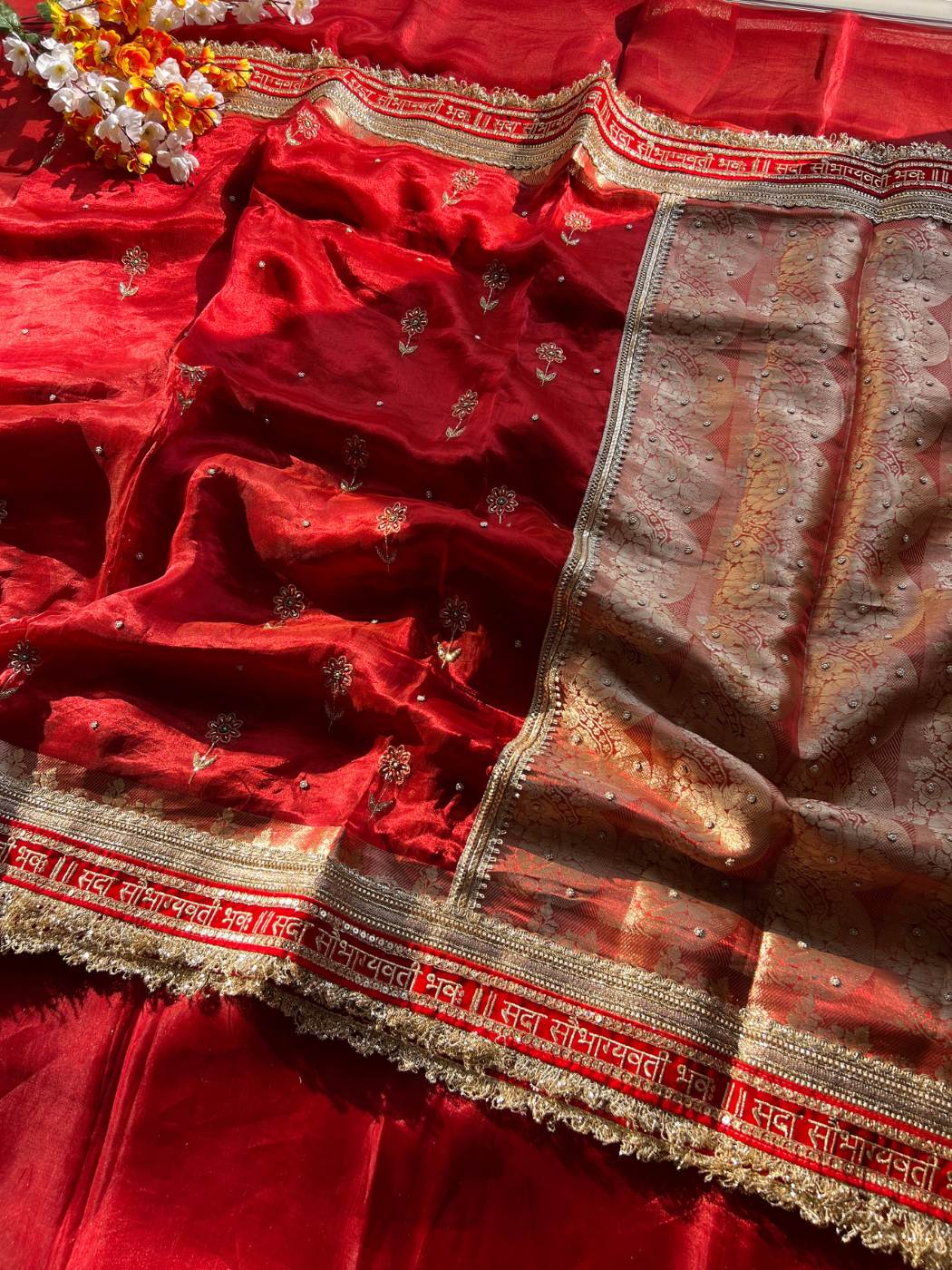 Royal Red Banarasi Tissue Silk Saree with Hand-embroidered Phool Buta front view