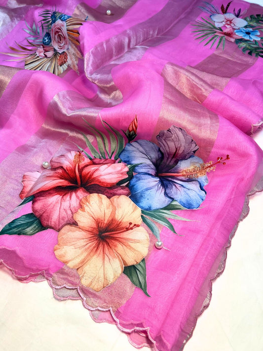 Pink Kora Tissue Silk Saree closeup view 01