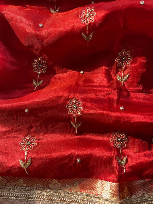 Royal Red Banarasi Tissue Silk Saree with Hand-embroidered Phool Buta closeup view
