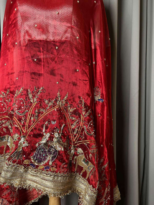 Royal red Radha Krishna Banarasi silk dupatta with divine traditional artwork