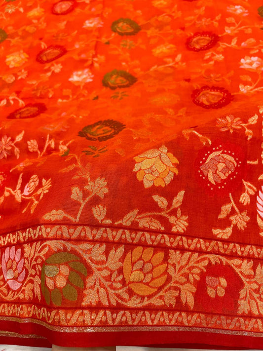 Orange Cotton Jamdani Saree with floral and paisley closeup view