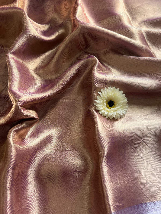Champagne Gold Brocade Tissue Silk Saree with Zari work closeup view