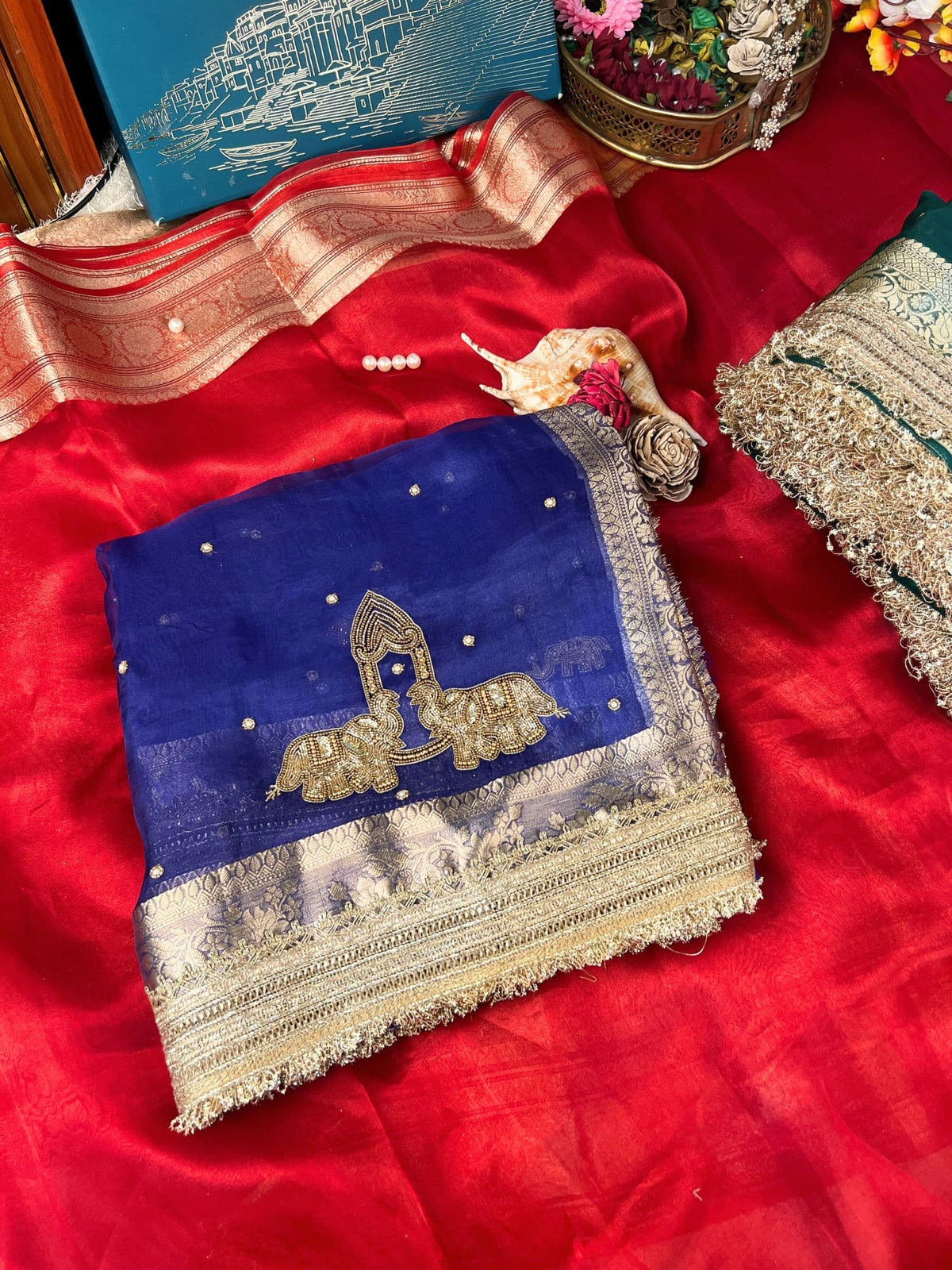 Manatavya Banaras royal blue GAJ saree featuring elegant traditional weaving, rich color and graceful festive appeal