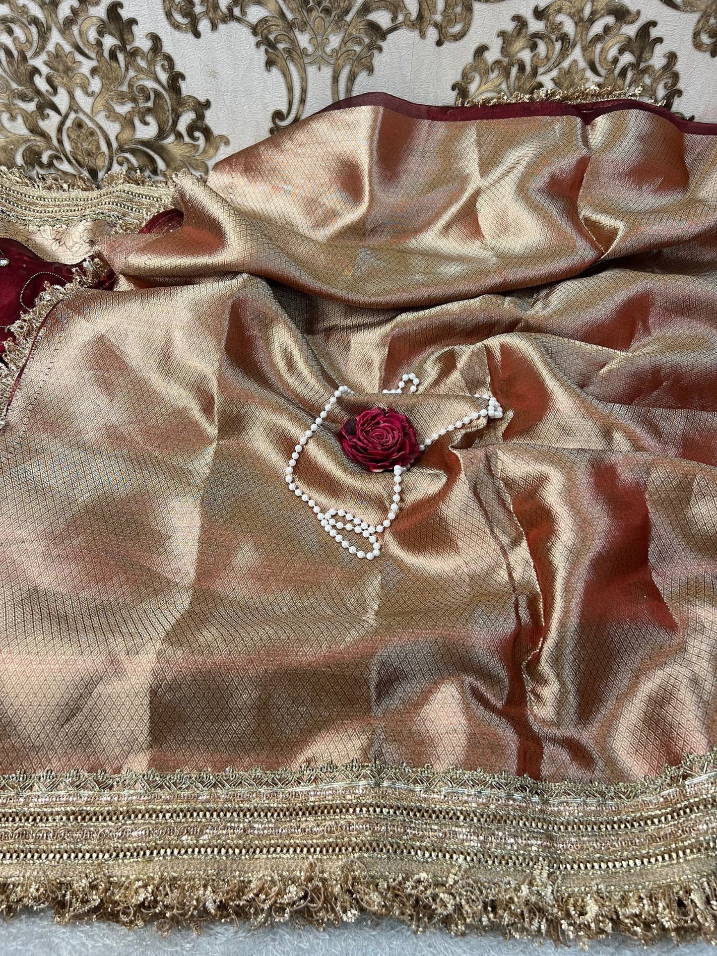 Maroon Chandani Hand-Embroidered Tissue Silk Saree