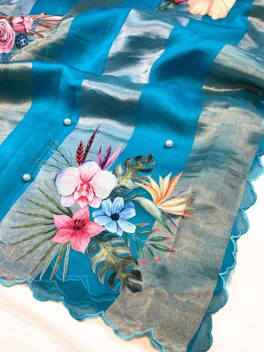 Sky Blue Kora Tissue Silk Saree closeup view 01