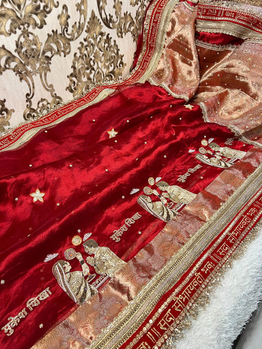Royal red Karwa Chauth custom name Banarasi silk saree