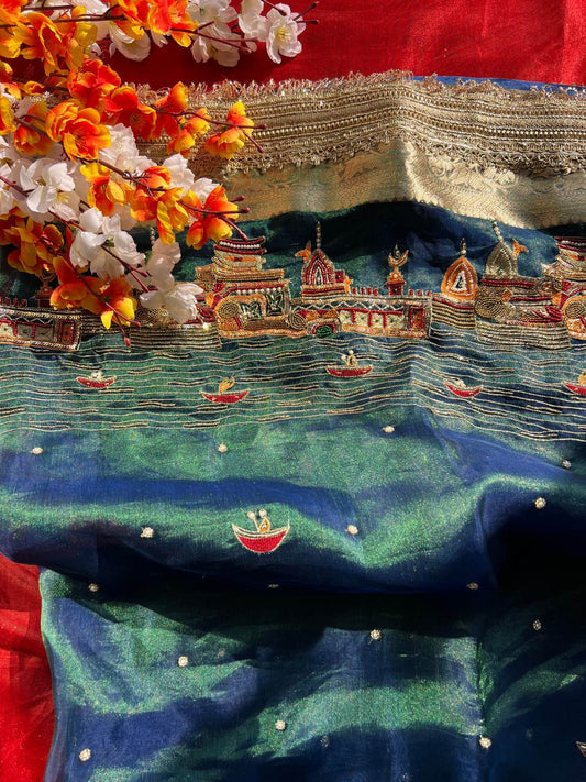 Teal Blue Tissue Silk Saree Peacock with Hand Embroidered Banarasi Ghat Motif closeup view