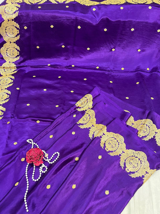 “Purple Mashru Silk saree with vibrant color and premium finish”