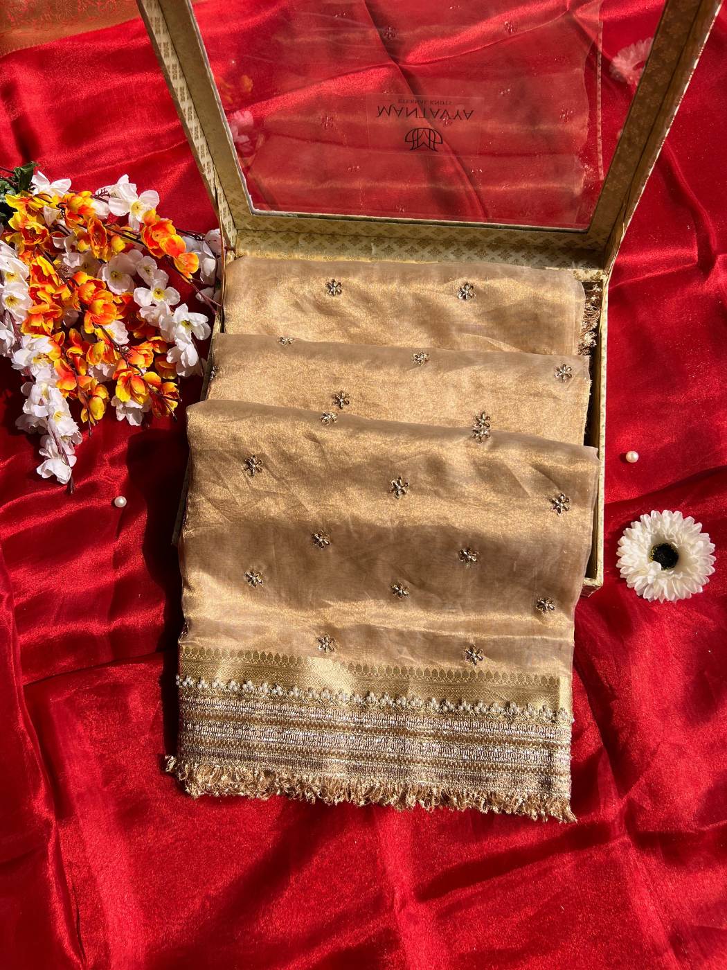 Golden Pure Tissue Silk Saree with Hand-embroidered small floral buti front view
