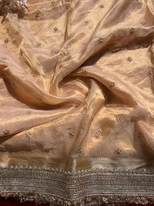 Golden Pure Tissue Silk Saree with Hand-embroidered small floral buti closeup view