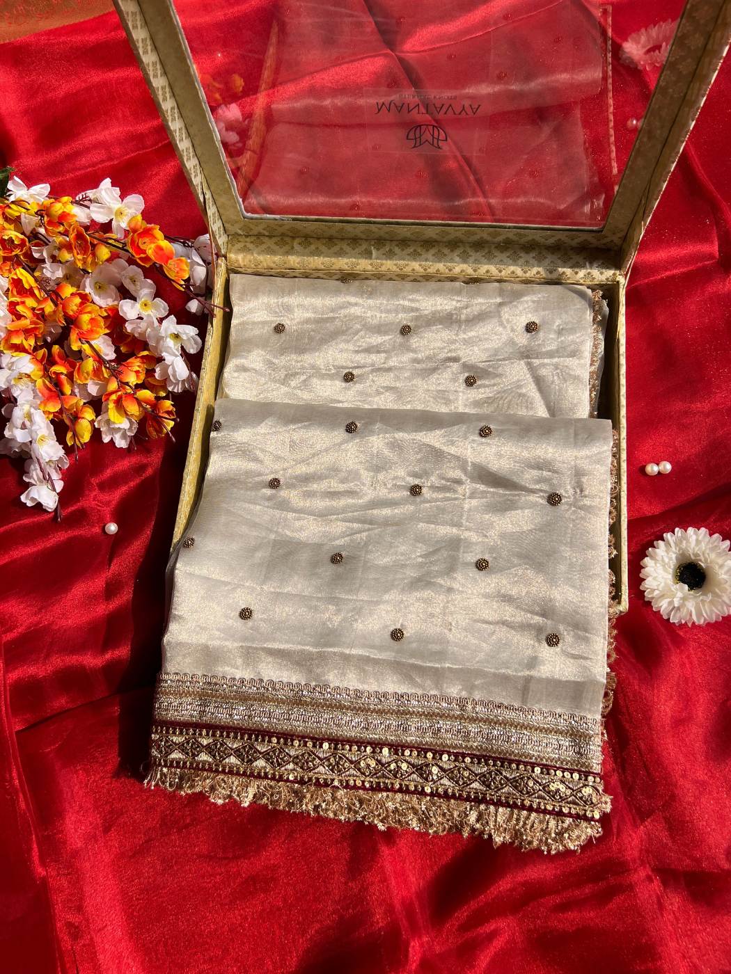Silver Pure Tissue Silk Saree with Hand-embroidered small floral buti front view