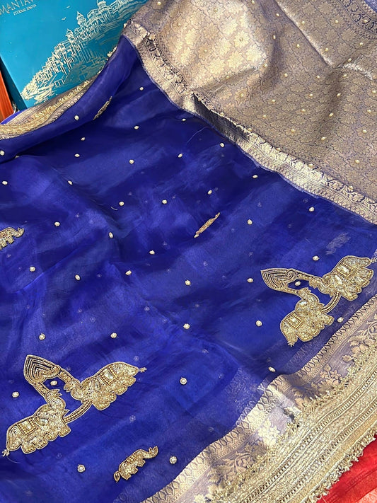 Manatavya Banaras royal blue GAJ saree featuring elegant traditional weaving, rich color and graceful festive appeal