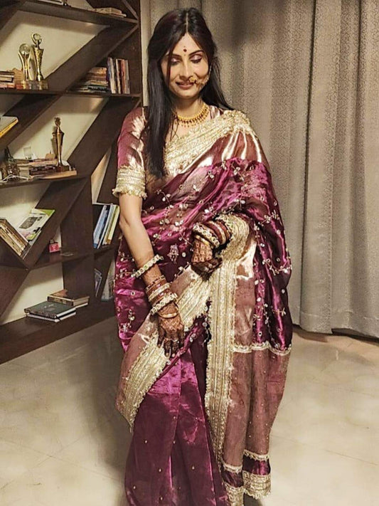 Hand Embroidered Wine Jaal Tissue Silk Saree featuring mirror work embroidery and scattered buti design, paired with unstitched wine blouse – elegant ethnic wear for weddings and festive occasions.