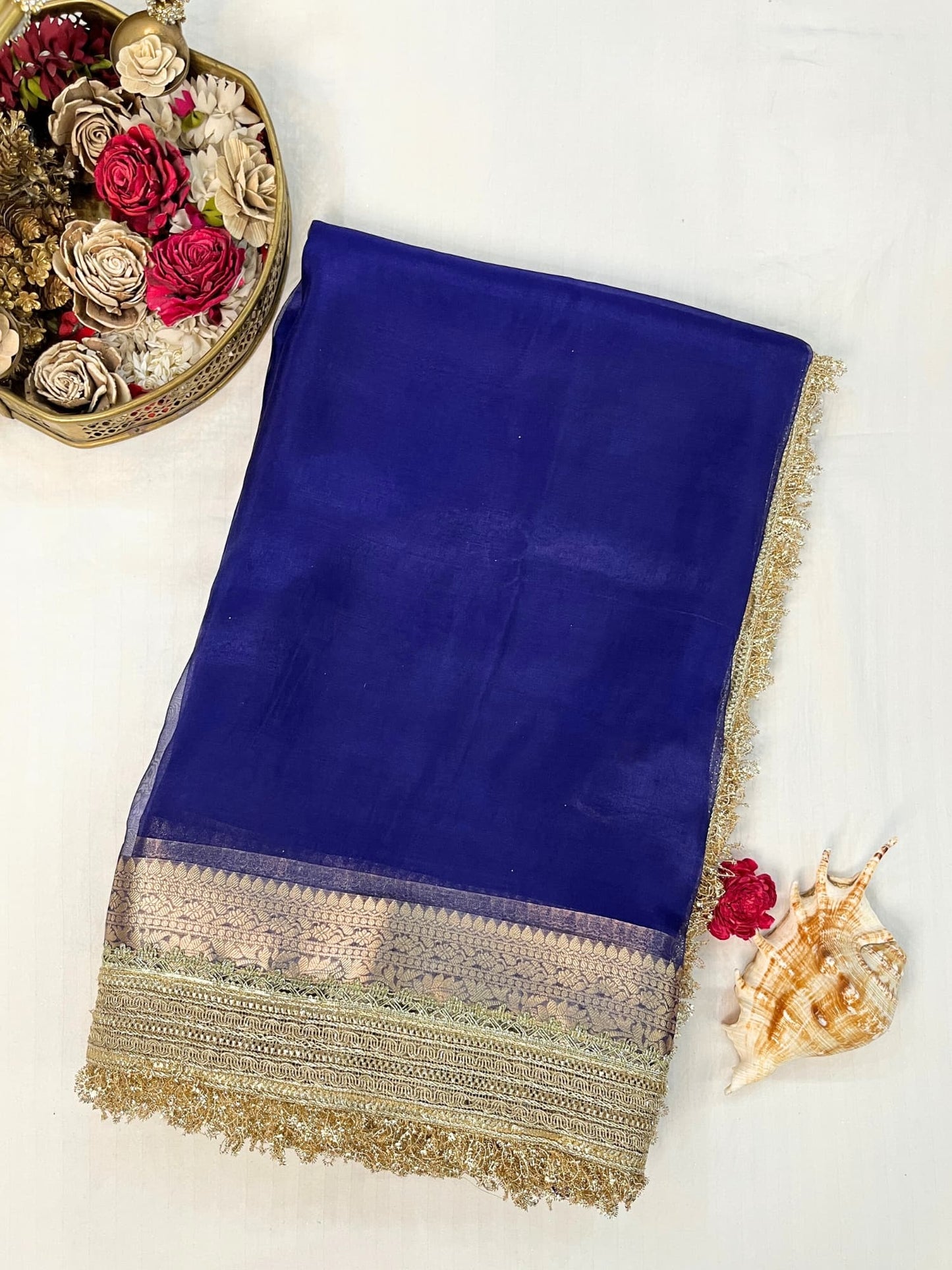 Indigo pure Banarasi tissue silk saree with gota patti border, brocade aachal, and unstitched brocade blouse, handwoven in Varanasi.
