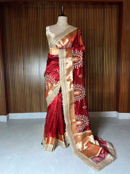 Royal red Tissue Silk Saree Shahi Darwaza Banarasi silk saree with classic architectural dummy view
