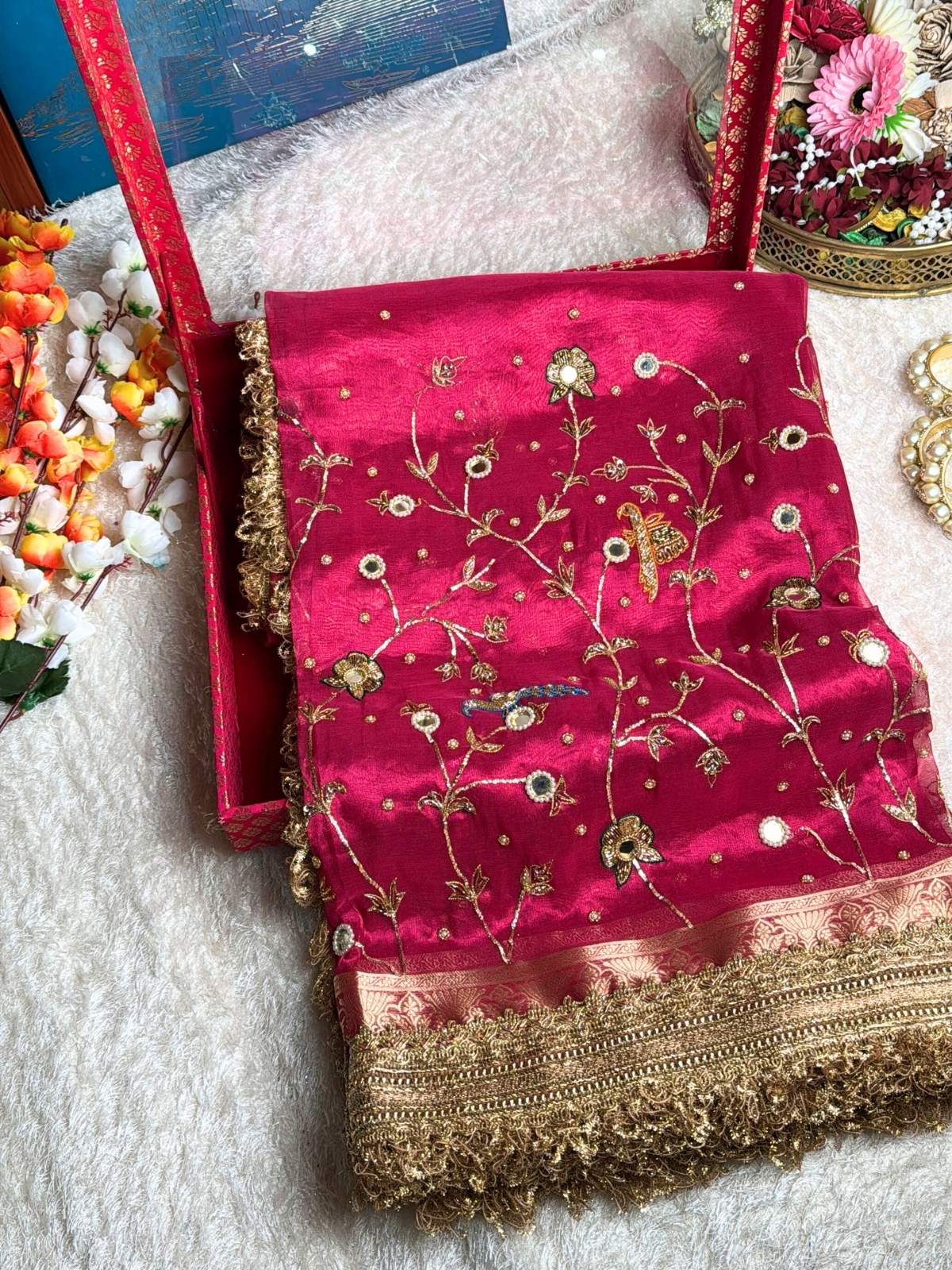 Hot Pink Tissue Silk Saree Gulmohar Front View