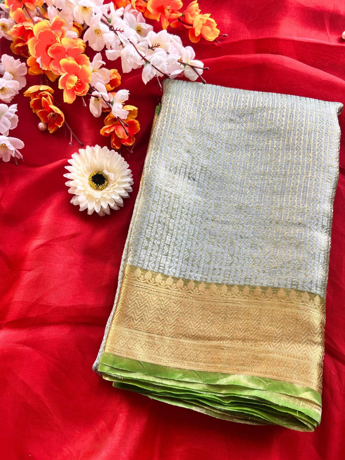 Pastel Mint Green Brocade Tissue Silk Saree with Zari Work front view
