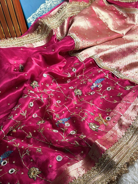 Hot Pink Banarasi Tissue Silk Saree Gulmohar With Hand Embroidered Floral and Bird Full View