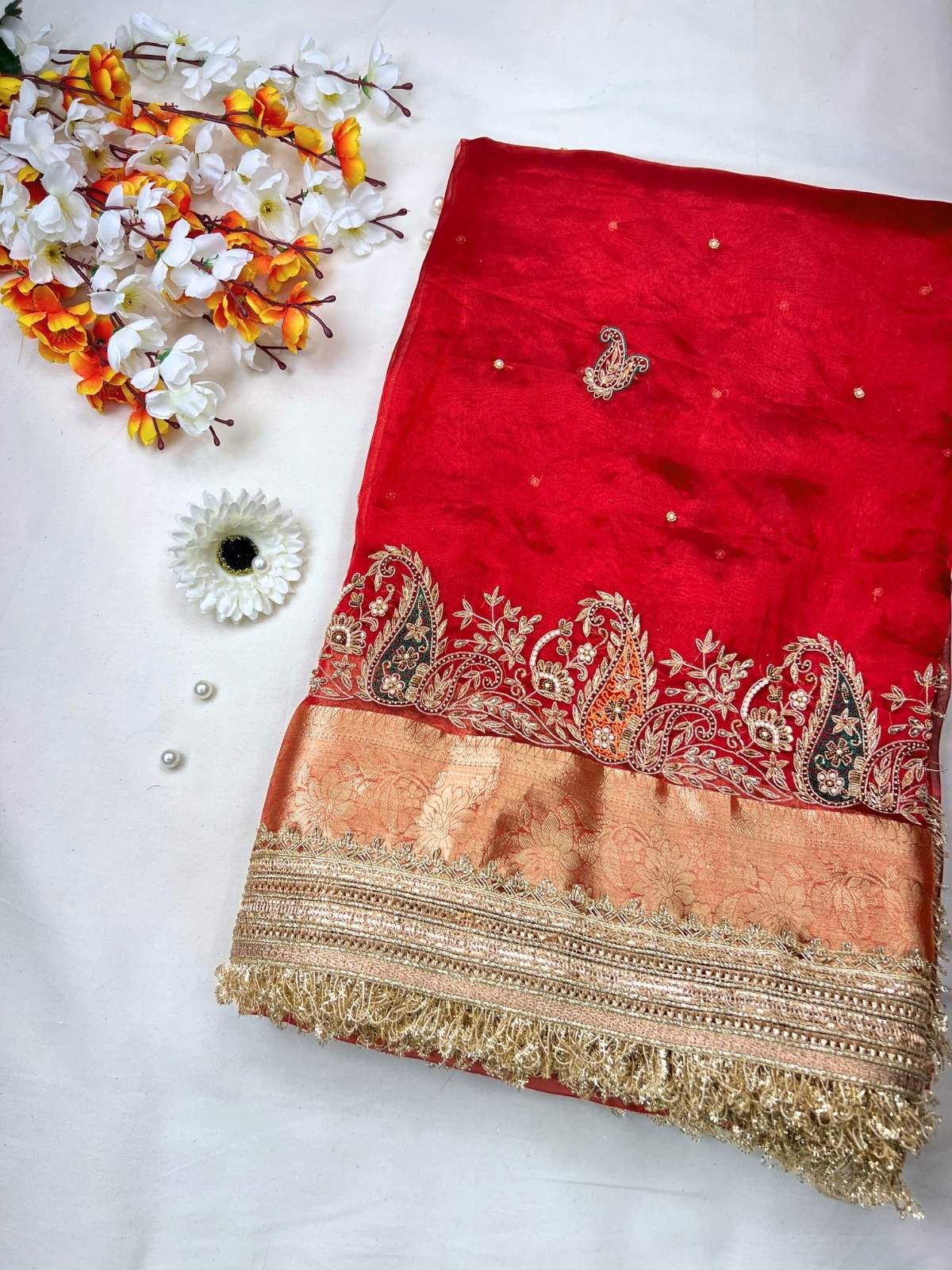 Royal Red Tissue Silk Saree Taarini with Hand-embroidered Paisley Front View