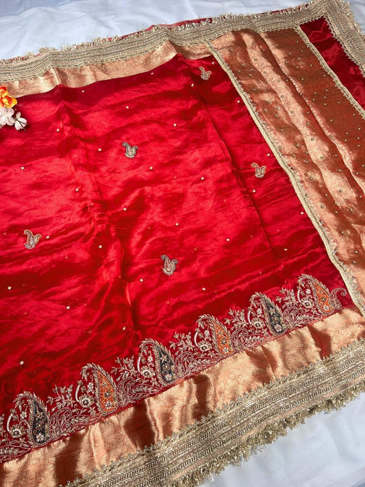 Royal Red Tissue Silk Saree Taarini with Hand-embroidered Paisley Full View