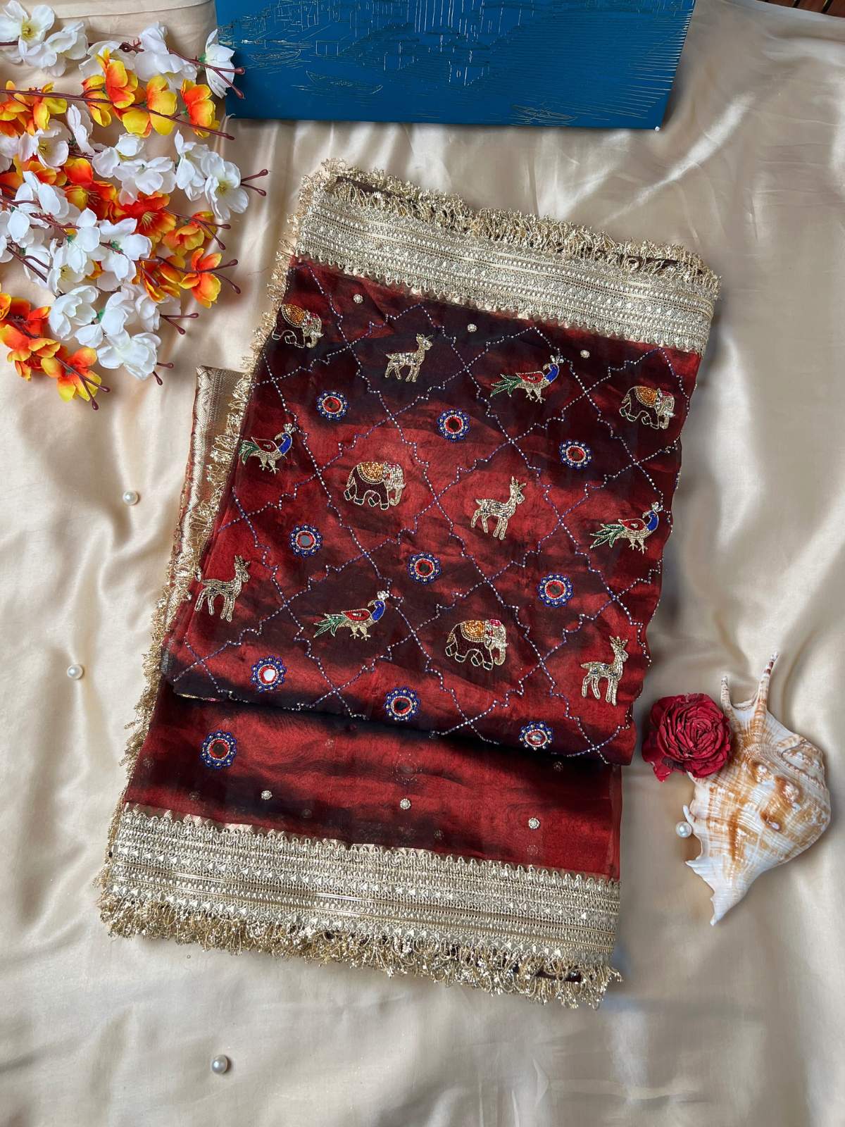 Maroon Banarasi Tissue Silk Saree Iraa with Hand-Embroidered Animals front view