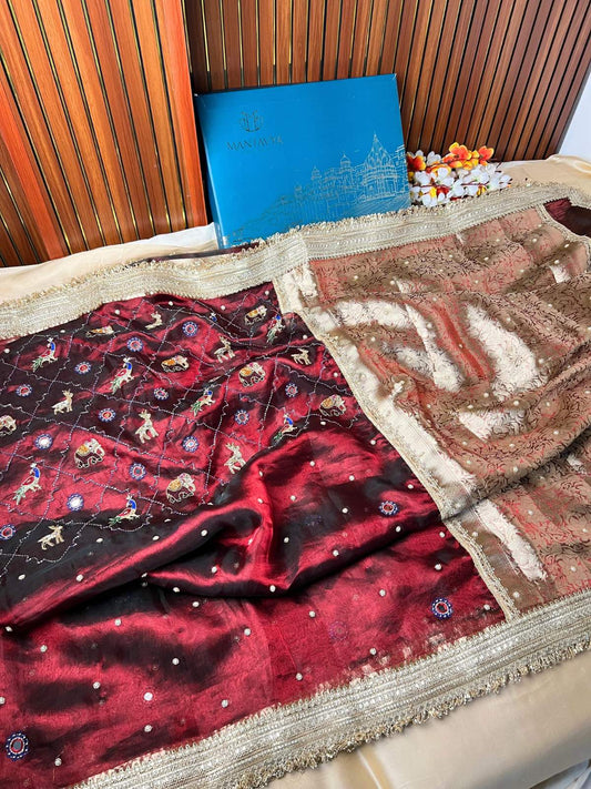 Maroon Banarasi Tissue Silk Saree Iraa with Hand-Embroidered Animals Full View