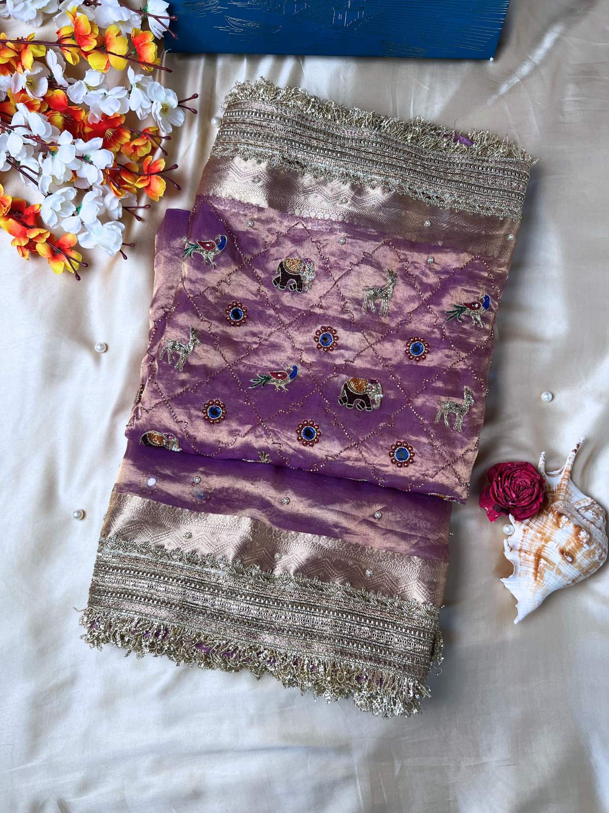 Lavender Banarasi Tissue Silk Saree Iraa with Hand-Embroidered Animals front view